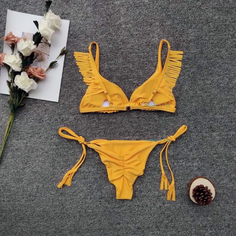 Custom Made Yellow Side Tied Two Pieces Bikini Ripple Fringes Sexy Swimsuit