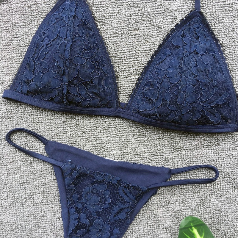 Custom Made Lace Stitching Navy Two Pieces Bikini Triangle Sexy Swimsuit